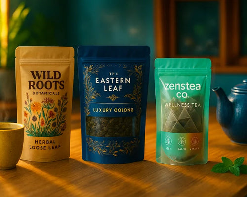 Three custom printed tea stand up pouches with high-barrier materials, featuring kraft paper, a foil pouch with window, and a clear window resealable pouch.