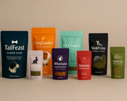 Nine custom printed pet food stand up pouches with resealable zips for dogs, guinea pigs, hamsters, ferrets and rabbits.