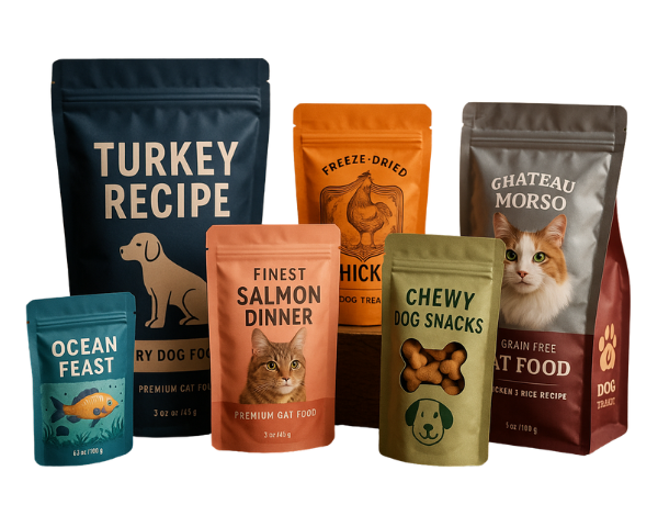 Custom printed pet food pouch packaging, stand up and flat bottom resealable pouches for dog treats and cat food.