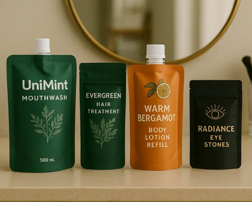 Four cosmetic pouches on a bathroom counter; spouted doypack mouthwash, stand up hair treatment, spouted body lotion refill, small stand up pouch for eye stones.