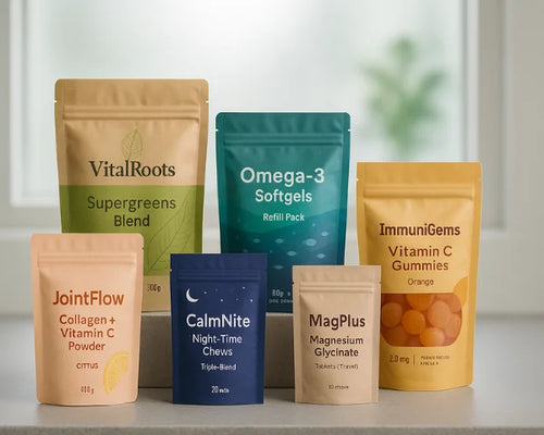 Six custom printed supplement pouch packaging on a bathroom vanity, arranged in two rows with soft daylight and a frosted window background.