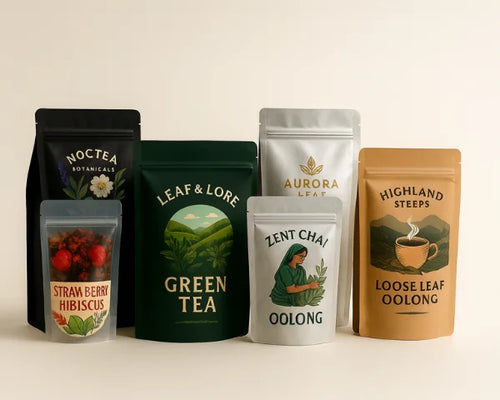 Six custom printed tea stand up pouches with resealable zips and gusset bases in kraft, matte black, matte green, silver foil and clear window styles.