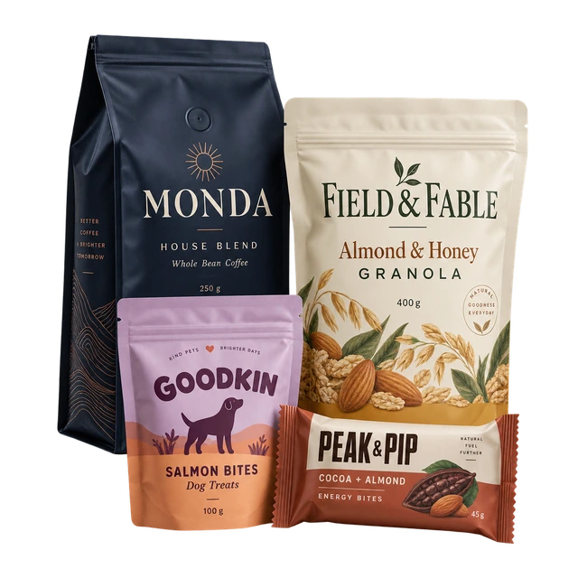 Custom printed flexible packaging for coffee, granola, pet treats and snacks