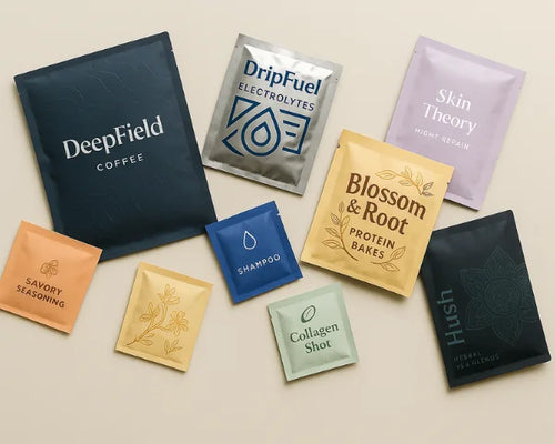 Custom printed sachets and flat pouches for product samples, mixed sizes and colours with foil and paper finishes on a neutral background.