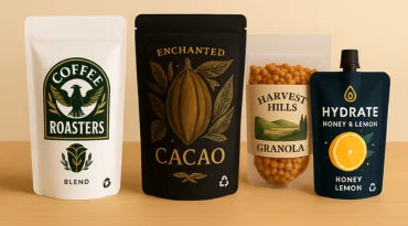 Four product packages from different brands on a wooden surface.