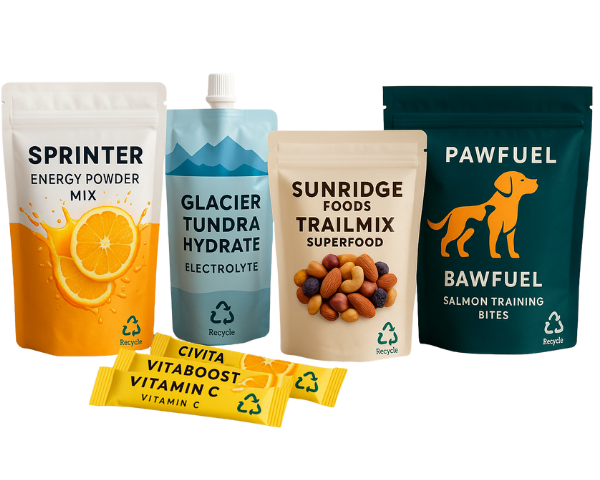 Custom printed food and pet pouch packaging with stand up pouches, spout pouch and stick packs for energy powder, electrolytes, trail mix and dog treats, shown with recyclable icons.