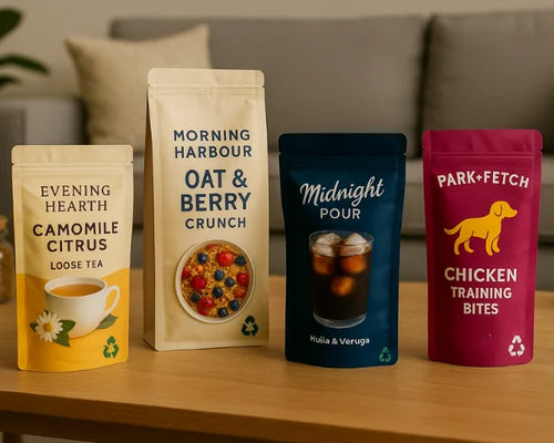 Recyclable stand up pouch packaging for Evening Hearth camomile citrus tea, Morning Harbour oat and berry cereal, Midnight Pour cold brew and Park & Fetch chicken training bites on a wooden coffee table in a cosy living room