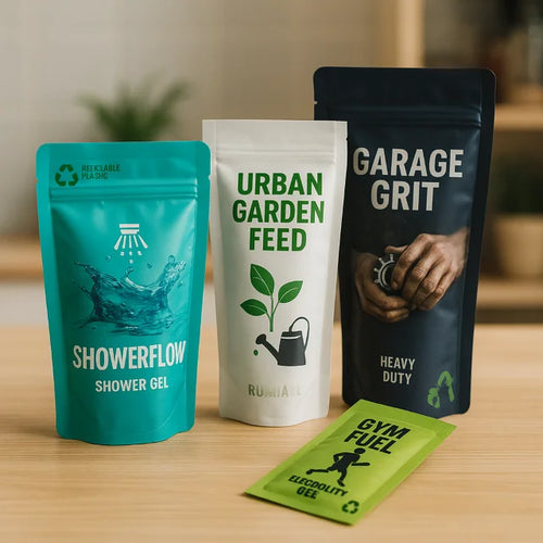 Four recyclable custom printed plastic pouches for shower gel, garden feed, hand cleaner and electrolyte gel on a wooden surface.