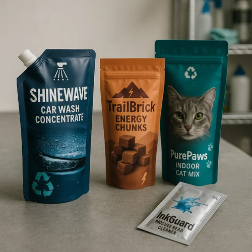 Four recyclable custom printed plastic pouches for car wash concentrate, energy snacks, indoor cat food and printer cleaner on a grey worktop.