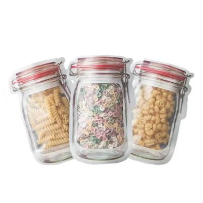 3 medium sized mason jar resealable stand up pouches filled with food products.