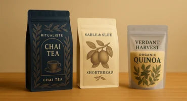 Three food packaging bags on a wooden surface with a beige background