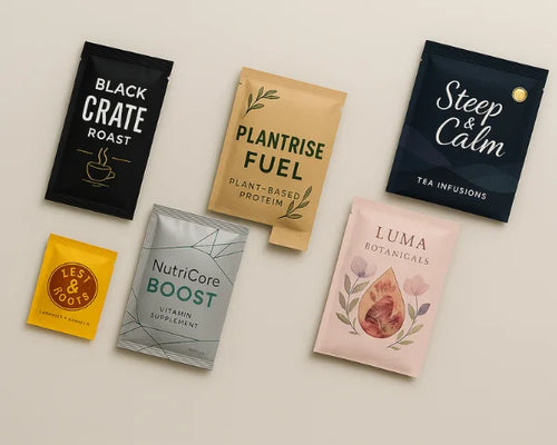 Custom printed sachets and flat pouches in mixed colours with foil, kraft and matte finishes, branded sample packaging.