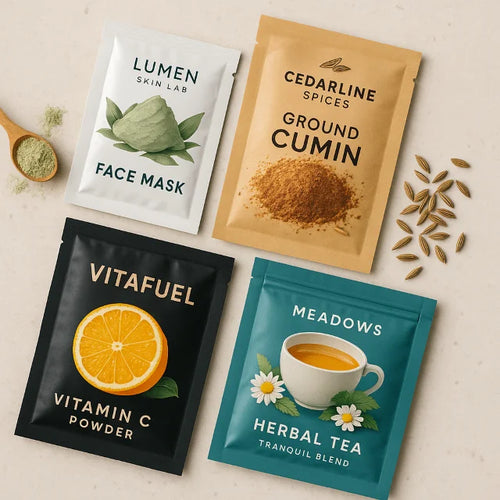 Colourful sachet packaging for face mask, ground cumin, vitamin C powder and herbal tea on a light worktop