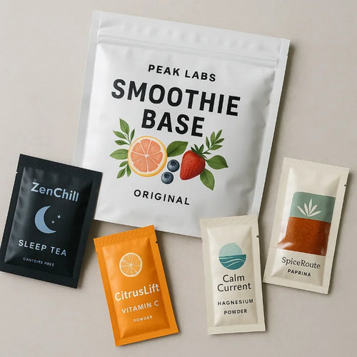 Large smoothie base flat pouch with mixed-size vitamin, sleep tea, magnesium and paprika sachets arranged on a neutral background.
