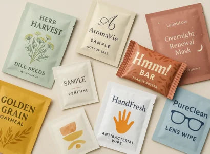 Assorted small packages with various labels on a light background