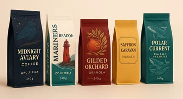 Five different coffee packages with various designs on a beige background