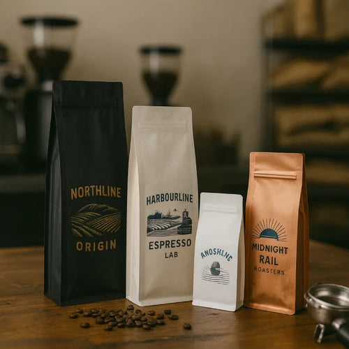 Side gusset coffee bags in mixed sizes with custom branding on a wooden counter in an artisan roastery.