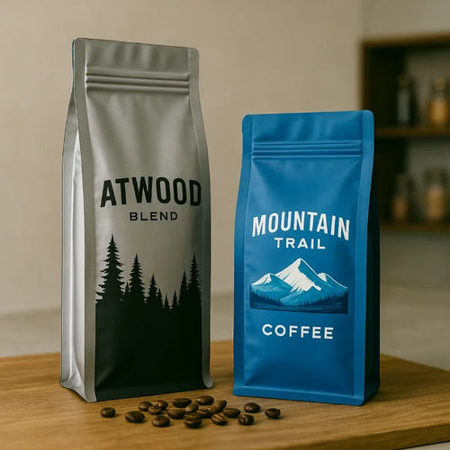 Two side gusset coffee bags with custom Atwood Blend and Mountain Trail branding on a wooden counter with scattered beans