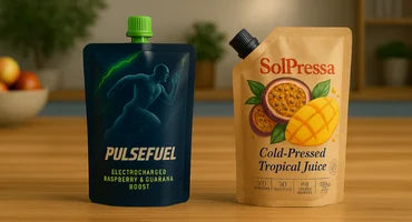 Two juice pouches, one blue and one beige, on a wooden surface with a blurred background.