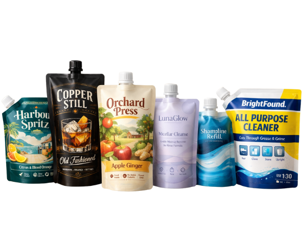 Custom printed spout pouches with varied designs for drinks, cosmetics and cleaning products.
