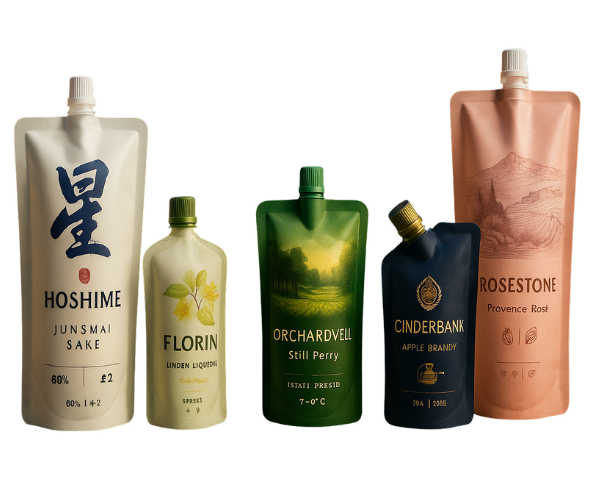 Custom printed alcohol spout pouches  sake, liqueur, perry, apple brandy and rosé on a transparent background.