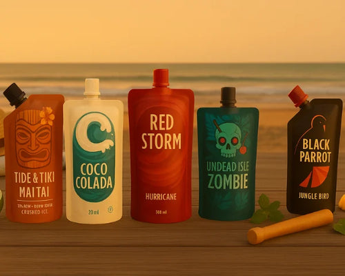 Sunset beach with five branded cocktail spout pouches on a teak table, featuring Tide & Tiki Mai Tai, Coco Colada, Red Storm, Undead Isle Zombie and Black Parrot.
