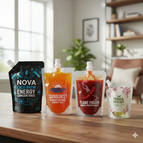 Four custom printed spout pouches of different sizes, holding various liquid products on a wooden surface.