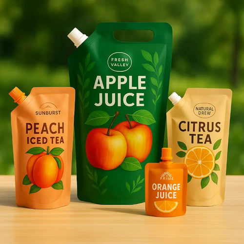 Fruit juice spout pouch packaging for apple, peach iced tea, citrus tea and orange juice on an outdoor wooden table.