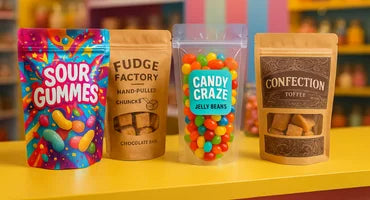 Four custom printed confectionery pouch packaging stand up pouches with resealable zips and gusset bases, including kraft, kraft with window, clear front and matte laminate.