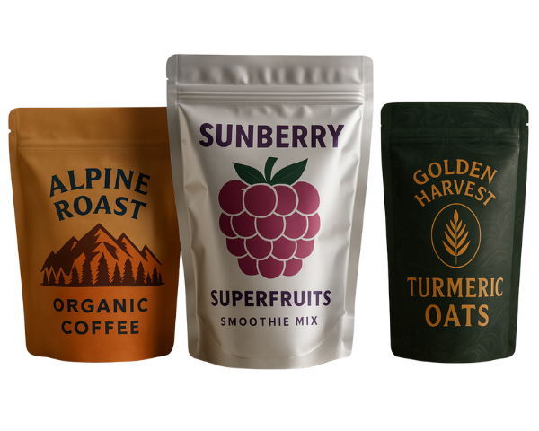 Three custom printed stand up pouches with resealable zip and gusset base in kraft, foil and dark green finishes for food pouch packaging.