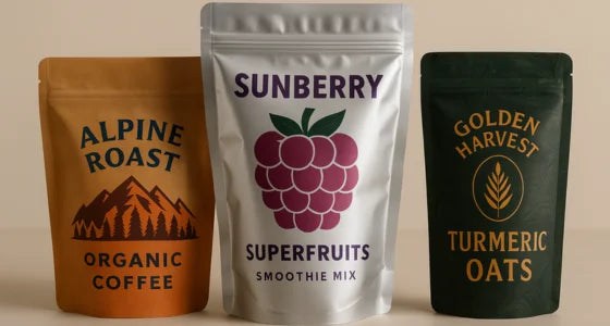 Stand up pouches with resealable zip closures, featuring foil, kraft paper and matte printed pouches for food pouch packaging.