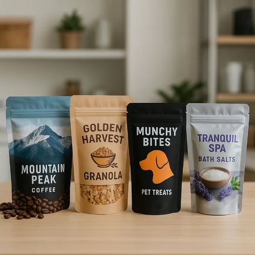 Four custom printed stand up pouches on a wooden counter in a modern kitchen setting, branded for coffee, granola, pet treats and bath salts.
