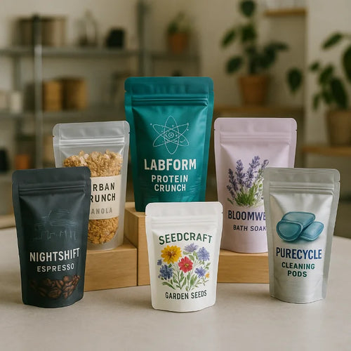 Six custom printed stand up pouches for espresso, granola, protein crunch, bath soak, garden seeds and cleaning pods arranged in a staggered group on a neutral worktop in a modern studio setting.