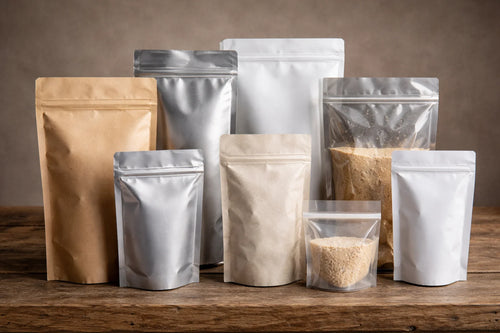 Plain stock pouch packaging in mixed materials and pouch types on a plain background.