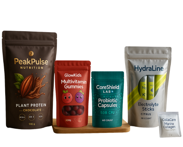 Five custom printed supplement pouch packaging designs on a sunlit kitchen island, protein stand up pouch, windowed gummies, child-resistant flat pouch, satin silver stick master pouch, and collagen sachet.