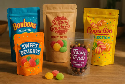 Sweets and confectionery pouch packaging with printed stand up pouches, a kraft stand up pouch, and a clear window pouch with resealable zip.