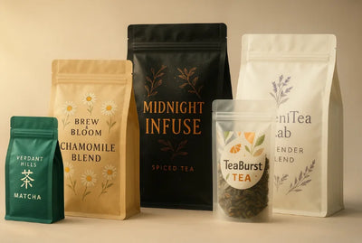 Tea pouches and bags with printed stand up pouches with resealable zip, flat bottom and side gusset bags, plus a clear pouch for loose leaf tea.