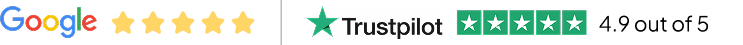 TrustPilot 4.9 and Google 5 stars ratings