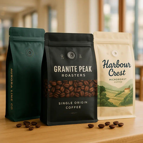 Three custom printed coffee pouches with one way degassing valves displayed on a light café counter.