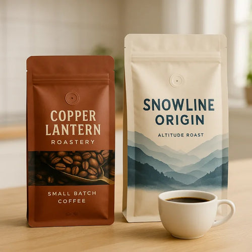 Custom printed coffee stand up pouch and flat bottom pouch with discreet one way degassing valves beside a cup of coffee on a kitchen counter.