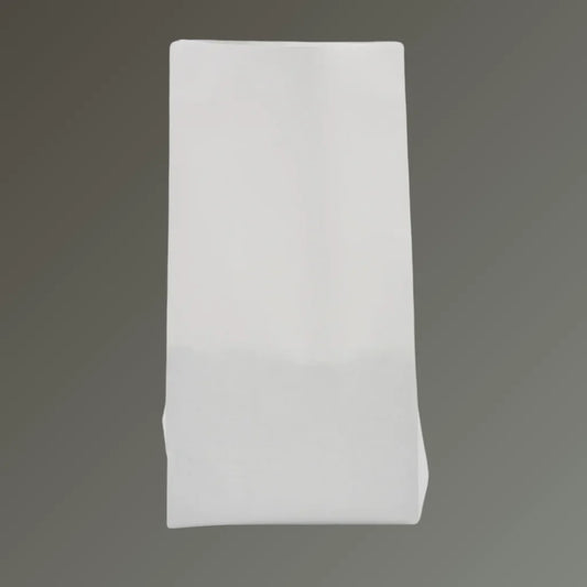 White kraft coffee bag with side gusset and open top, displayed against a grey background.
