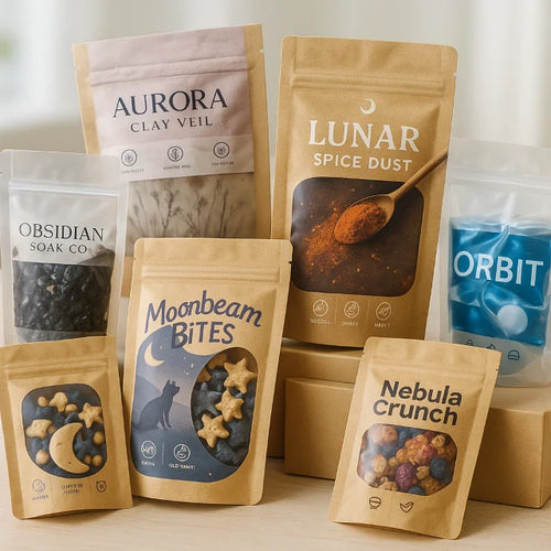 Seven raft and clear, stand upwindow ppouches with custom printed designs.