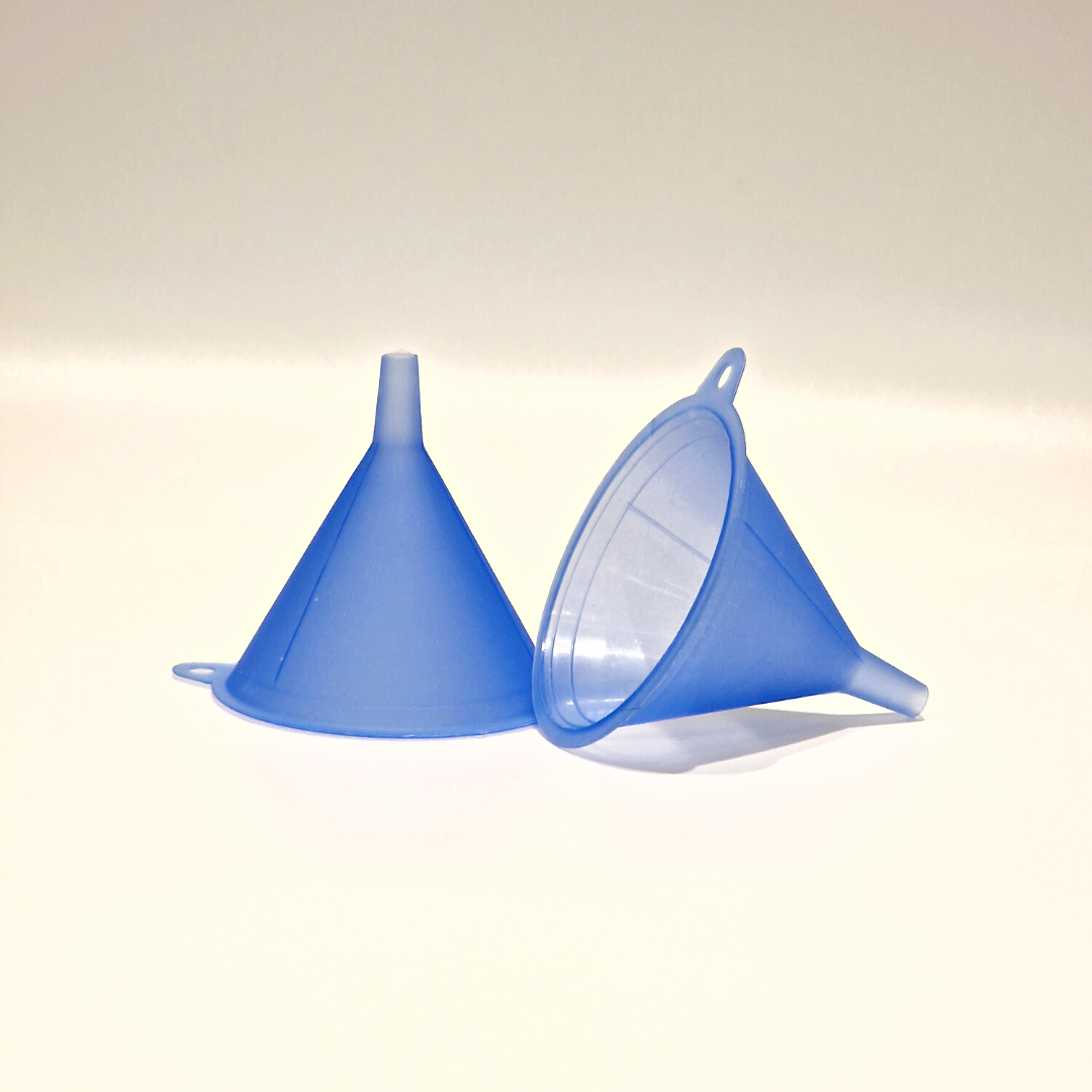 Two blue plastic funnels, one standing upright and one lying on its side, displayed on a plain white backgroun